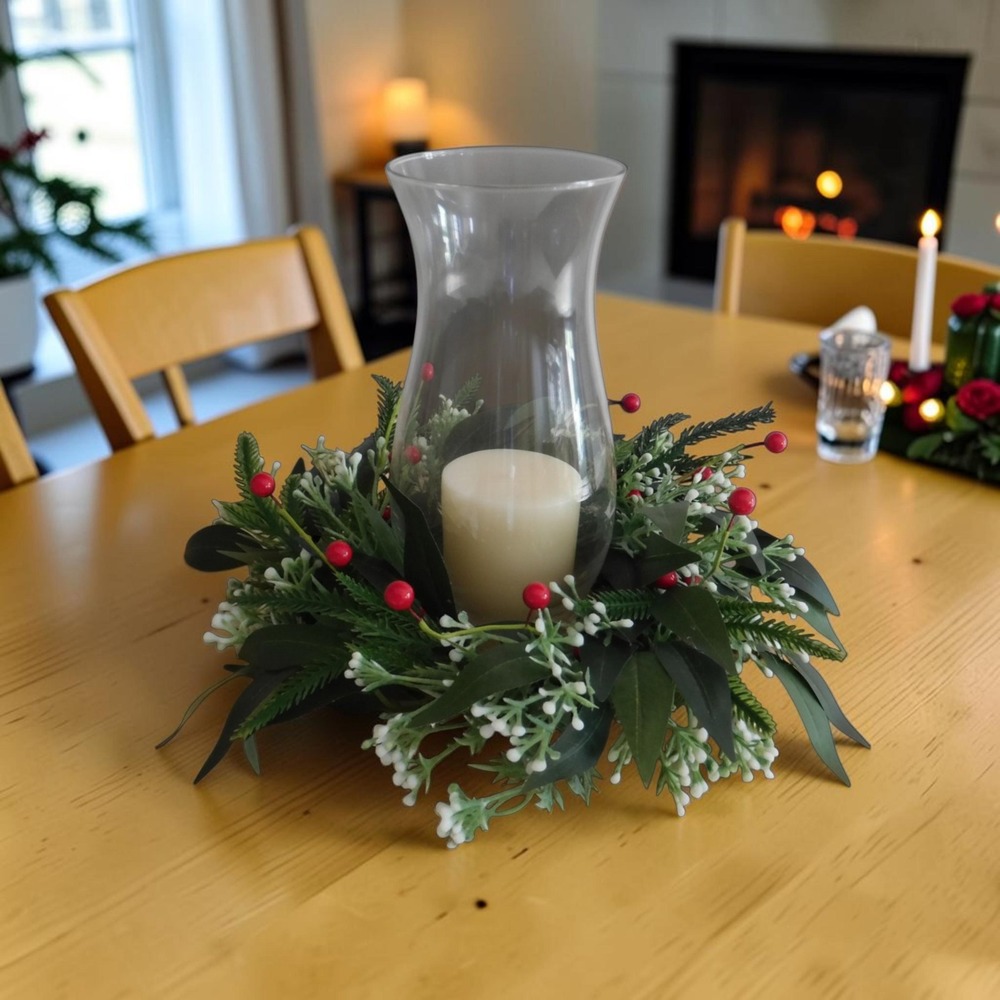 12in Berry Christmas Wreath: Eucalyptus Pine Gypsophila Candle Ring, Wall Decor
